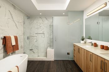 Dual vanity bathrooms in all two- and three-bedrooms residences
